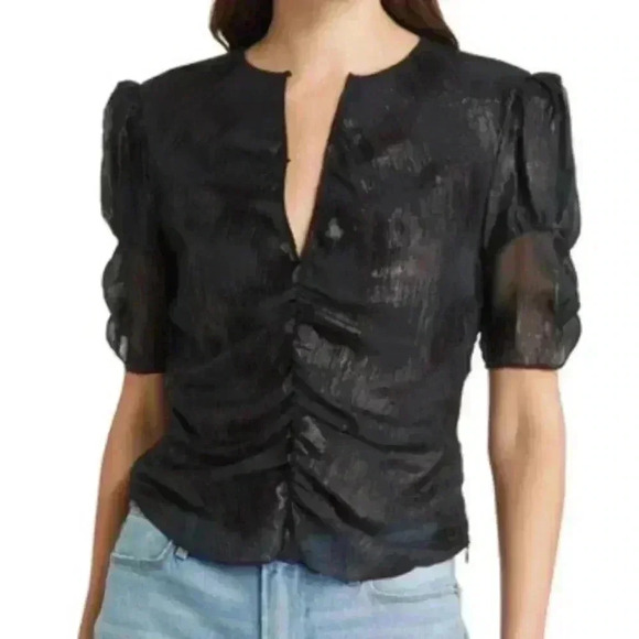 NWOT FRAME Ruched Sleeve Keyhole Top Metallic Silk Blend Black Size XS - Picture 3 of 12